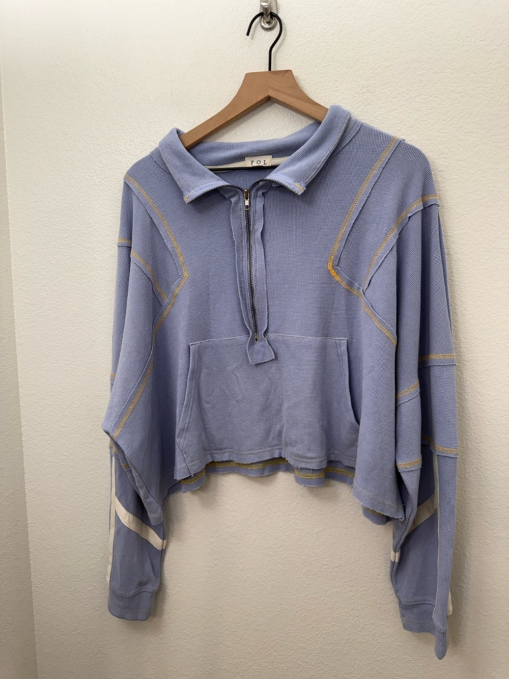 POL Evening Blue Distressed Cropped Half Zip Up Lightweight Sweater Large - Picture 3 of 9
